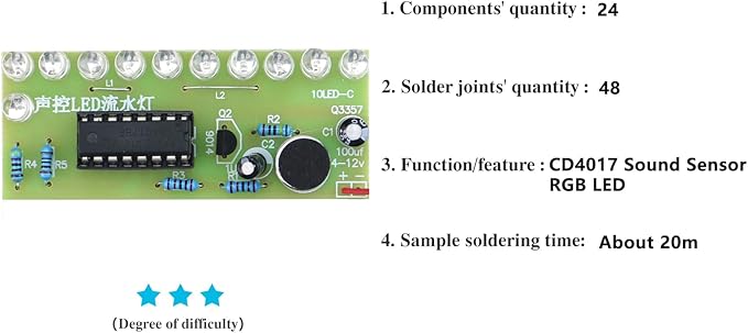 YIDAB Soldering Practice Kit Sound-Activated LED Chaser Kit - DIY Soldering Project with 10 LEDs & Microphone Sensor (12V DC) for Electronics Beginners & STEM Education