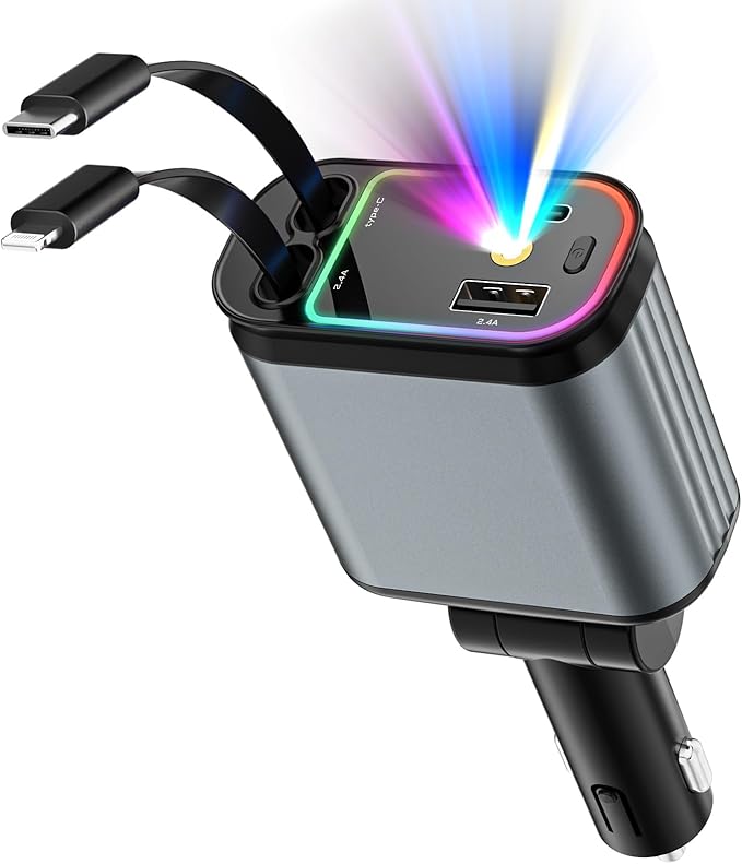 4 in 1 Retractable Car Chargers with Starlight, 66W USB C Fast Car Charger Adapter with 2 USB Ports Car Phone Chargers for All iPhone 16/15/14/13/12/11 and for All Android (Dark Grey - RedLight)