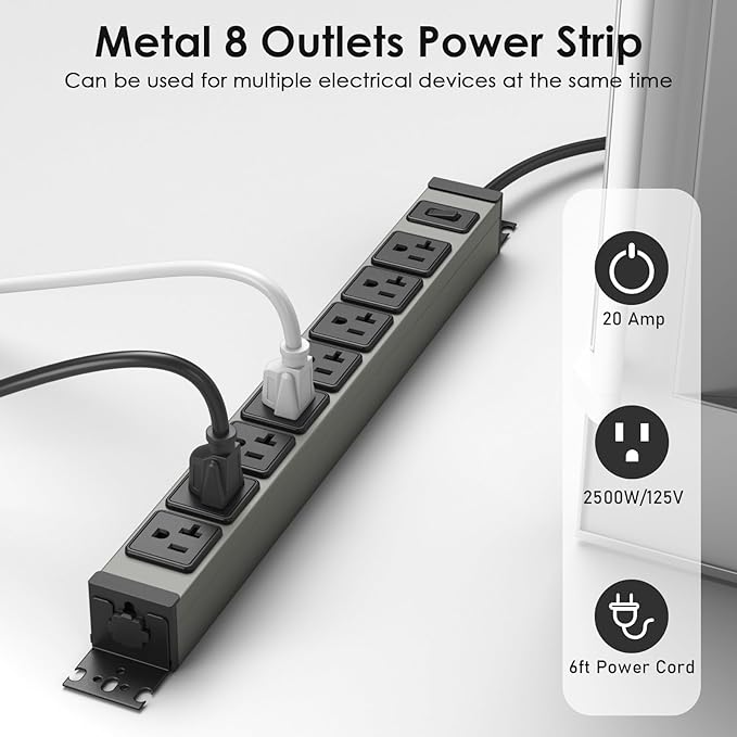 JUNNUJ Heavy Duty Power Strip Wall Mount, 20 Amp Surge Protector 1200J Metal 8 Outlet Under Desk Mounted 20A, Garage Power Table Socket Industrial Outlets 6-20R T-Slot, 6FT 12AWG Extension Cord