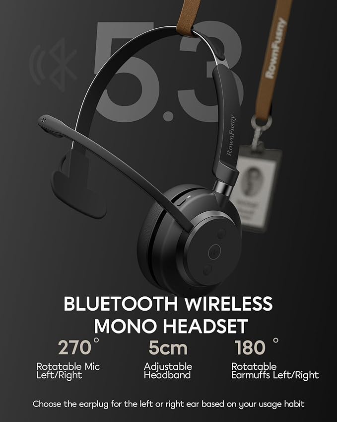 Rownfusny Bluetooth Headphones Wireless Headset with Mic for Work-V5.3 Computer Headsets with Noise Reduction Microphone, 2.4Ghz USB Dongle & Mute Button for PC, Laptop, Office, Home