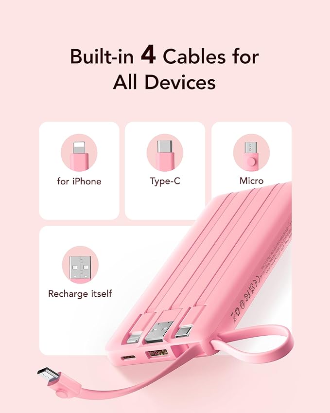 VRURC Portable Phone Charger, Travel Portable Charger with 4 Cables, 5 Outputs Slim USB C Power Bank for Hiking Camping Business, Built-in Cables for Multi Devices,Android-Barbie Pink(1 Pack)