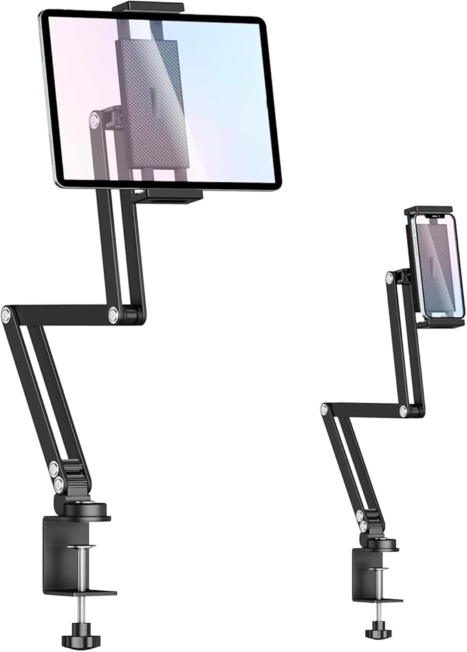 Urmust iPad Holder for Desk & Bed, Adjustable Foldable Tablet Arm iPad Holder Clamp Mount, 360° Rotation, Fits iPad Pro/Air/Mini, iPhone, Portable Monitor 4.7"–15.6" Device, Gifts for Tech Lovers