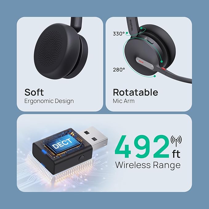 Yealink WH64 Hybrid Dual Wireless Headset with DECT Dongle, 492ft Range,Teams Zoom,Skype, UC,Bluetooth On Ear Work Headphones with 3X Noise Cancelling Mic, 32H Talk Time, Office PC, Computer,IP Phone