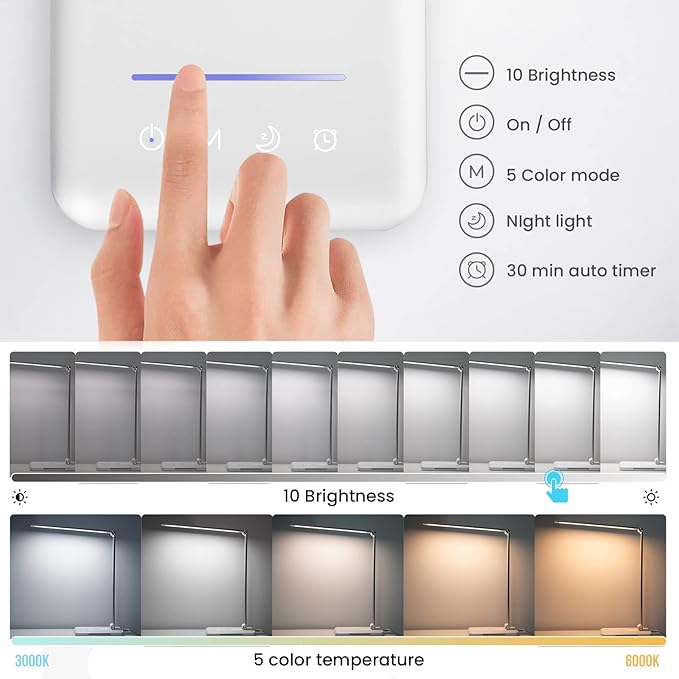 JOSTIC LED Desk Lamp with Night Light, Fast Wireless Charger, USB Charging Port, 10 Brightness, 5 Color Modes, Dimmable Bedside Table Lamp for Bedroom, Touch Control, Auto Timer, 1200Lux Super Bright