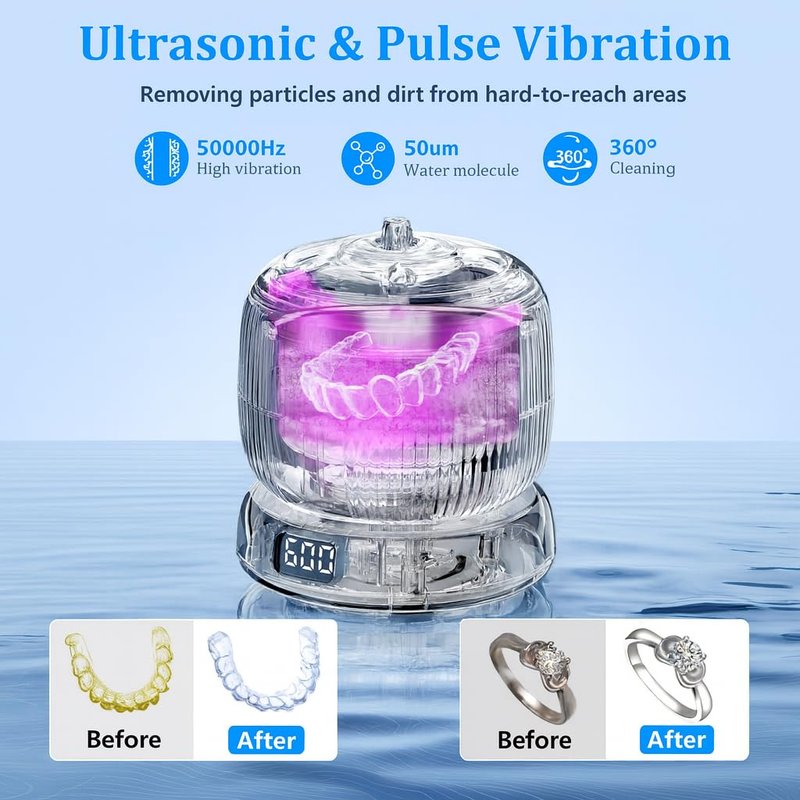50kHz Ultrasonic Retainer Cleaner Machine for Travel & Home, Portable Denture Cleaner with Removable Base, 4 Modes Timer, Dental Cleaning Pod for Aligners, Braces, Mouth Guard, Jewelry, Toothbrush