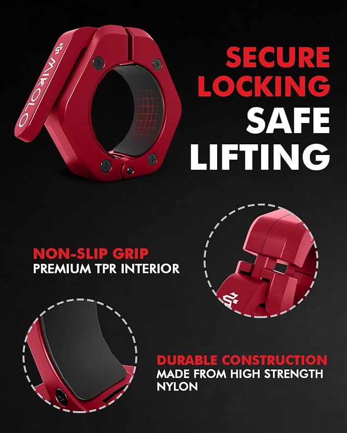 Mikolo Barbell Clamps,2-Inch Olympic Barbell Clips with Anti-Slip TPR Lining and Quick Release for Home and Gym Use(Magnetic Red
