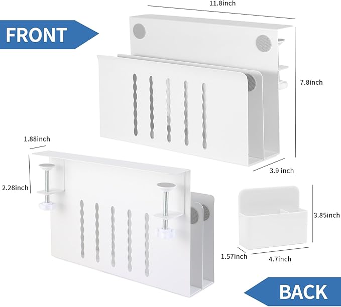 osseph 2 Tier Desk Side Storage Organizer, Under Desk Laptop Holder with Magnetic Pen Holder, No Drill Hanging Desks Caddy for Office & Home, Clamp On Desk Shelf for Tablet, Files, Accessories(White)