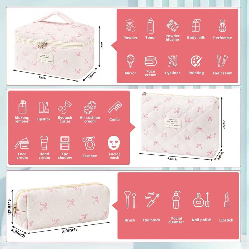 MZLUWM 3Pcs Makeup Bag Cute Cosmetic Bags for Women, Large Capacity Travel Quilted Makeup Bag Set,Cotton Floral Makeup Pouch, Coquette Puffy Toiletry Bag,Attractive Quilted Pouch (Pink bow)