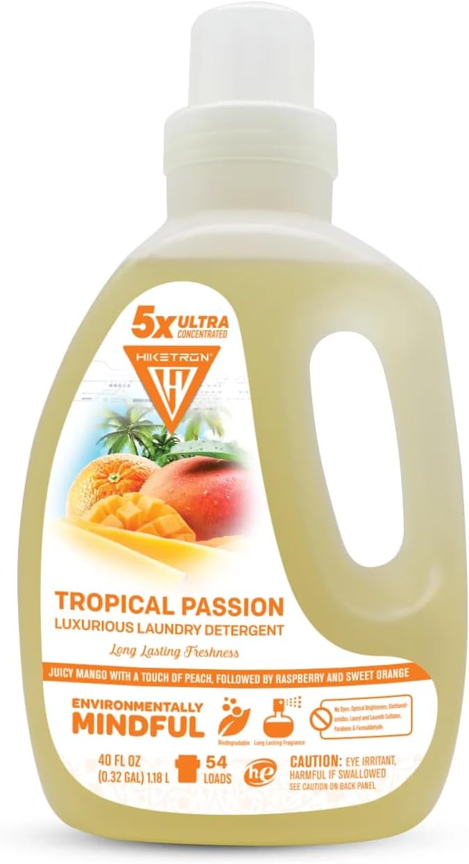 Hiketron Tropical Passion Liquid Laundry Detergent, 5x Ultra Concentrated, Tough Stains Remover, Long Lasting Scent (40 Fl Oz, Pack of 1)