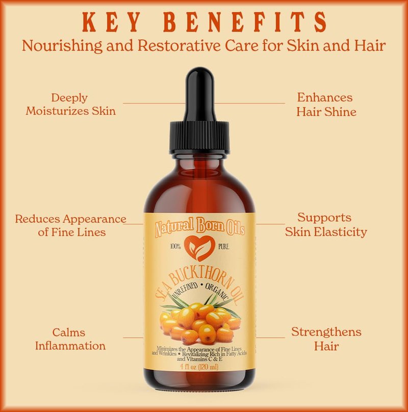 Sea Buckthorn Oil 16oz - 100% Pure Organic Cold-Pressed Oil | Revitalizing with Pump & Dropper