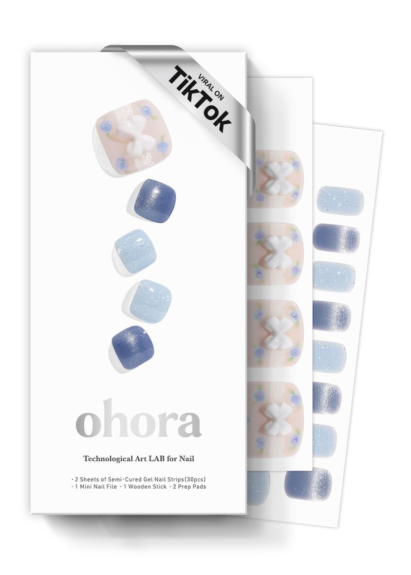 ohora Semi Cured Gel Pedi Strips (P Heart Link) - Works with Any Nail Lamps, Salon-Quality, Long Lasting, Easy to Apply & Remove - Includes 2 Prep Pads, Nail File & Wooden Stick