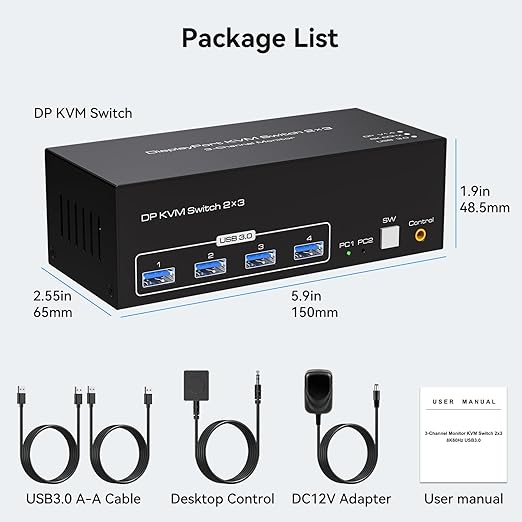 ATLAHET 2 PC Share 4 USB 3.0 8K Displayport KVM Switch 3 Monitors 2 Computers 4K 120Hz DP