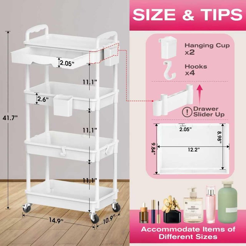 Rolling Makeup Organizer Cart - 4-Tier White Skincare Storage with Removable Drawer | Vanity & Beauty Display