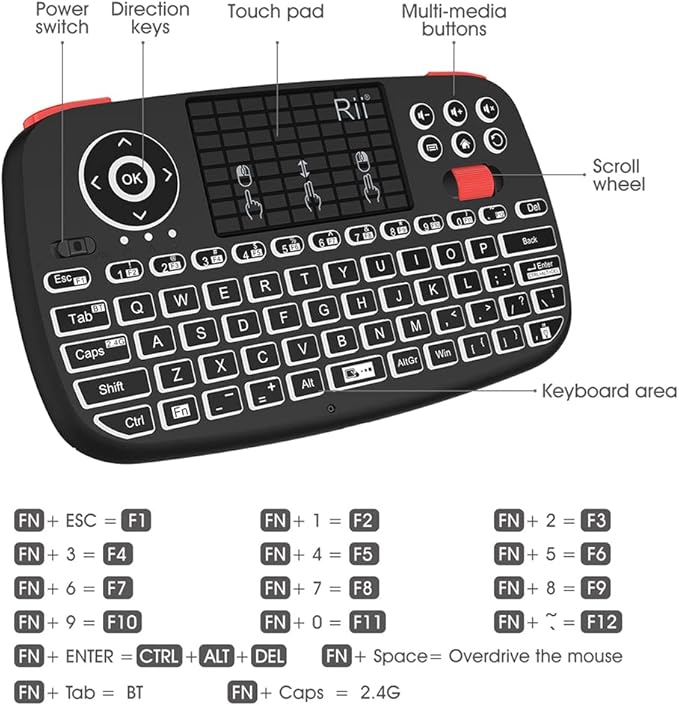 (Upgrade) Rii i4 Mini Bluetooth Keyboard with Touchpad, Blacklit Portable Wireless Keyboard with 2.4G USB Dongle for Smartphones, PC, Tablet, Laptop TV Box iOS Android Windows Mac.Black