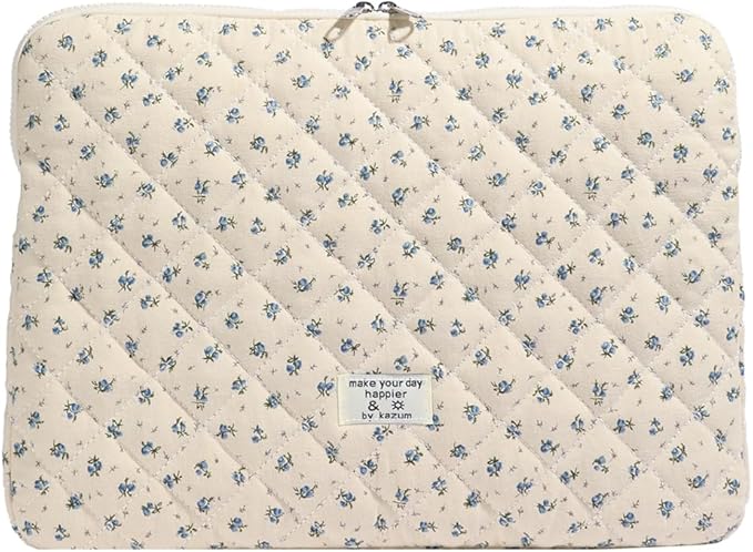 Puffy Laptop Sleeve 15-15.6 Inch Cute Quilted Laptop Protective Case Padded Floral Computer Sleeve for MacBook (A-Blue, 15 Inch)