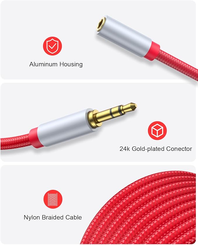 MORELECS 3.5mm Extension Cable 6.6ft - Headphone Extension Cable Nylon Braided Aux Cord Extender for Smartphones, Tablets, Media Players (No Mic Support) -Red