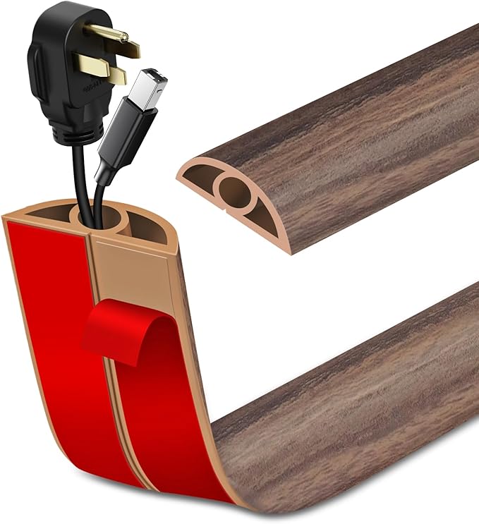 Floor Cord Cover Self Adhesive Cord Hider Floor Extension Cord Covers for Floor Power Cord Protector Cable Management Prevent Cable Trips Cable Cavity 0.32" W x 0.32" H (Smoked Brown Wood, 10Ft)