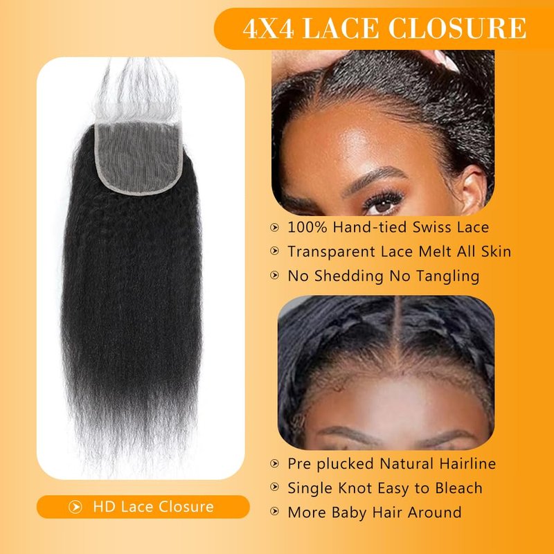 QTHAIR 18A Kinky Straight Lace Closure (14inch) 4x4 Free Part 150% Density Top Swiss Lace Natural Straight Human Hair Closure with Baby Hair