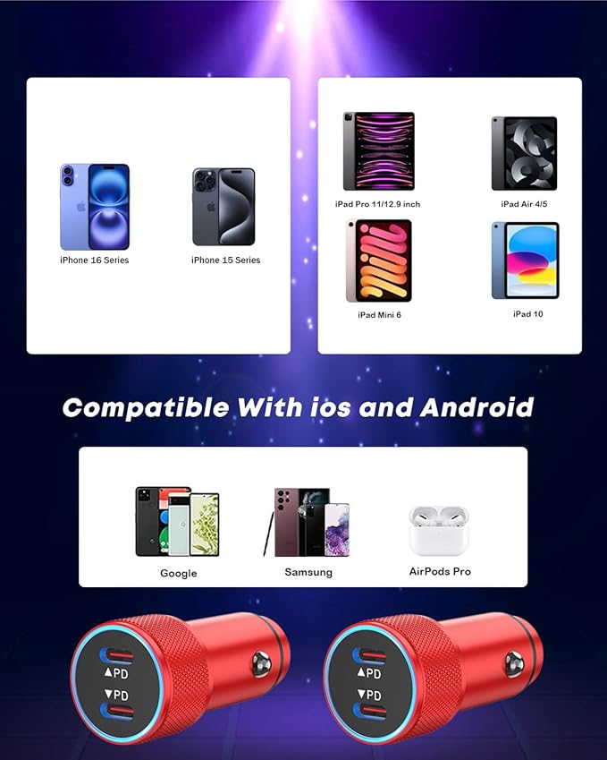 Fast Car Charger for iPhone 16,USB C Charging iPhone 2Pack Dual USB C Port Car Charger Block Cigarette Lighter Adapter Plug with Woven Braided USBC to USBC Cord for iPhone 16/16 Pro/15/iPad(Red)