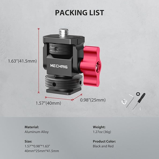 Mechrig Mini Camera Monitor Mount with Cold Shoe, Aluminum Field Monitor Mount with 1/4″ Screw for LED Light Mic Cage, Cold Shoe Adapter 360° Swivel & 180° Tilt Damping (with Knob 63142)