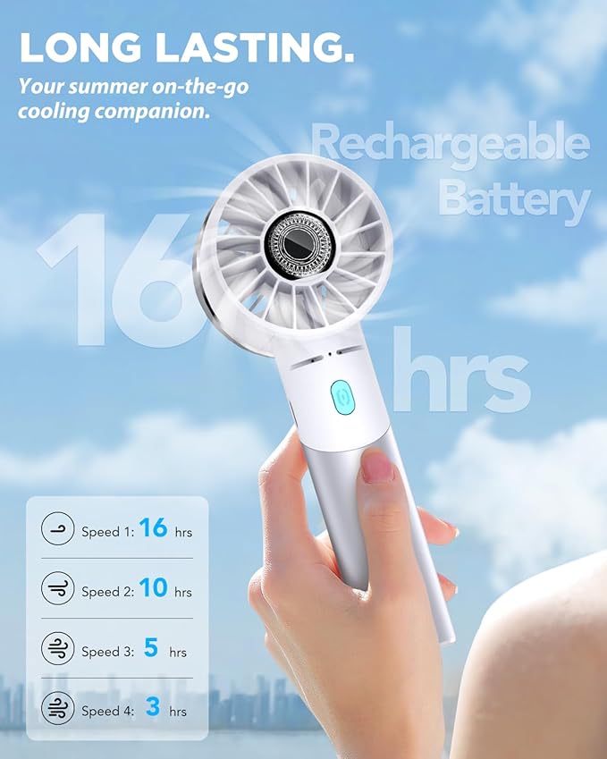 Lepwings Handheld Fan, Mini Small Portable Turbo Fan, Rechargeable with 4 High Speeds Personal Fans, Max 16H Runtime, For Travel, Office, Outdoor - Silver
