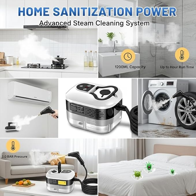 Handheld Steam Cleaner: 2500W High Temperature Pressurized Steamer with 6 Adjustable Levels - Portable Multi-Surface Steam Cleaning Machine for Kitchen, Bathroom, Furniture, Car, Windows (White)