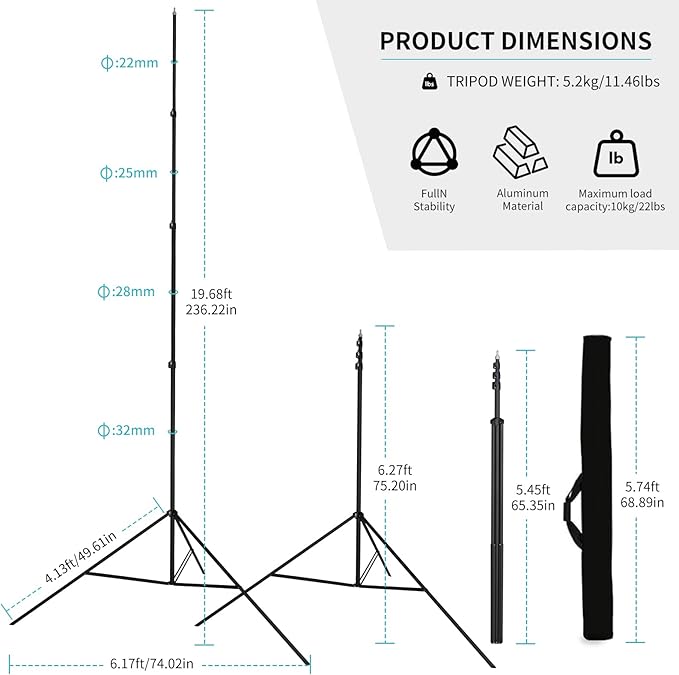 20FT Heavy Duty Tripod Stand with Rope, Spring-Assisted Telescoping Aluminum, 1/4" & 3/8" Screws, Portable for Sports & Outdoor Shooting