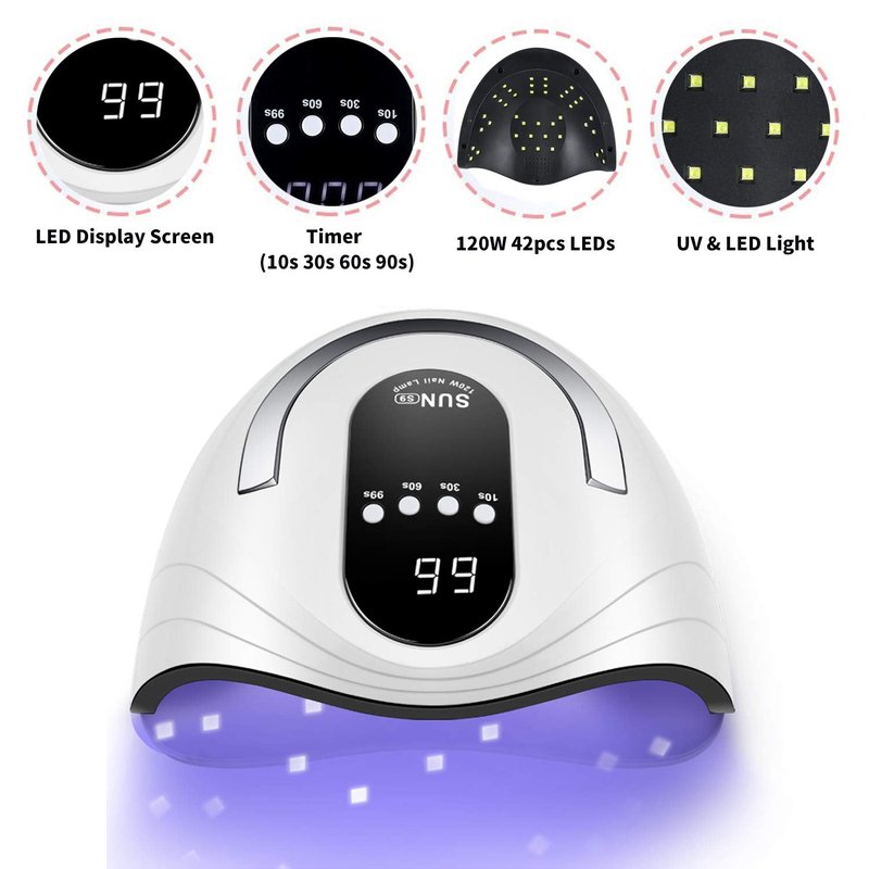 Sunrich UV Gel Nail Lamp 120W LED Nail Light Fast Dryer for Gel Polish Curing with 4 Timers Portable Handle Large Space Automatic Sensor (White)