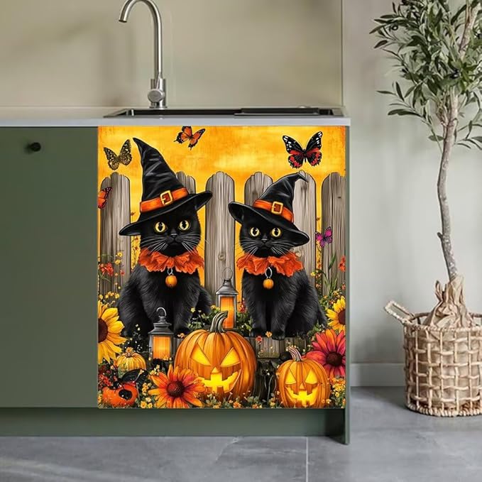 Halloween Black Cats Kitchen Decor Dishwasher Magnet Cover Decal, Pumpkins and Butterflies Magnetic Dish Washer Panel Door Vinyl Sticker, Refrigerator Magnets,Easy to Clean, 23 x 26 inch