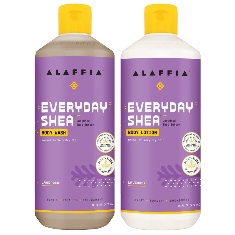 Alaffia Body Wash & Body Lotion Set, EveryDay Shea, Lavender – Gentle Skin Cleanser & Moisturizer for Normal to Very Dry Skin, 16 Oz Ea