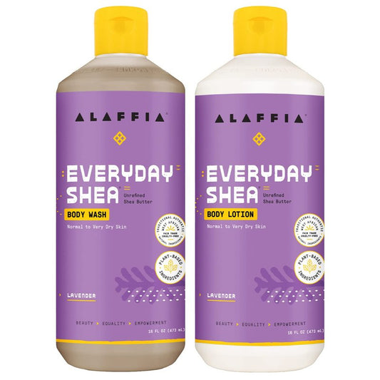 Alaffia Body Wash & Body Lotion Set, EveryDay Shea, Lavender – Gentle Skin Cleanser & Moisturizer for Normal to Very Dry Skin, 16 Oz Ea