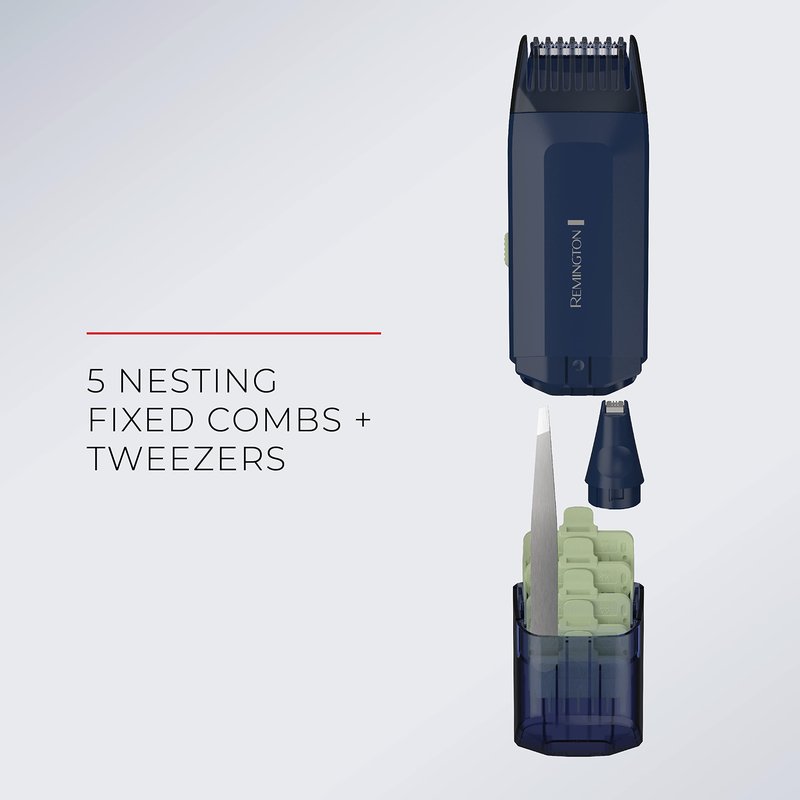 Remington Trim & Fit Personal Hair Grooming Kit, 8-Length Adjustable Combs The fit into a Built-in Storage Container, Rechargeable Power, Cordless, Blue