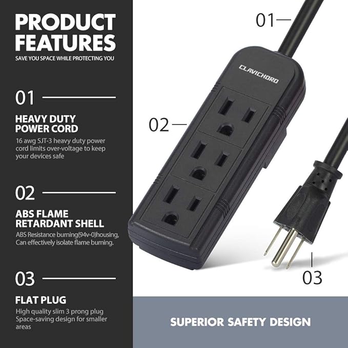 Power Strip with Flat Plug - 3 Ground Sockets 7 Inch Heavy Duty Braided Extension Cord Flat Plug Mountable Socket Strip for Computer/Home/Office