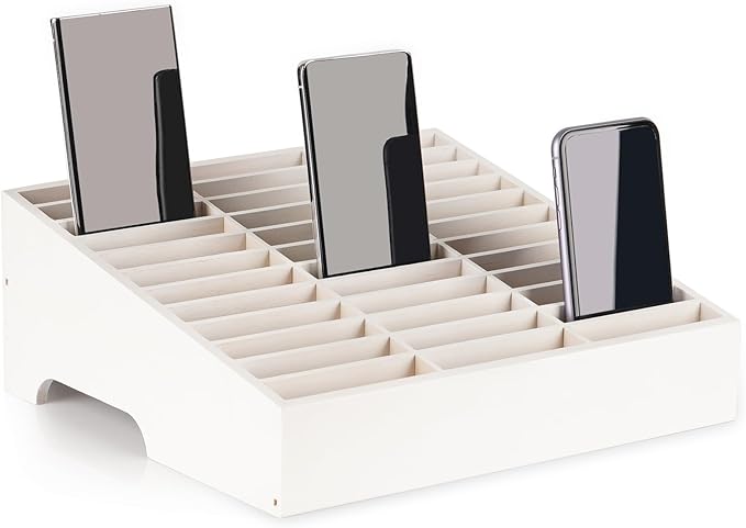Lzttyee Wooden 36-Grid Cell Phones Storage Box Desktop Mobile Phone Holder Organizer for Office School Classroom (36-Grid White)