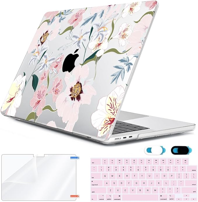 HOHAIYOO Compatible with MacBook Air 13.6 inch Case 2026 2025 2024-2022 Release M5 A3449 M4 A3240 M3 A3113 M2 A2681 with Touch ID, Hard Shell Case&Keyboard Cover&Screen Film&Webcam Cover, Pink Floral