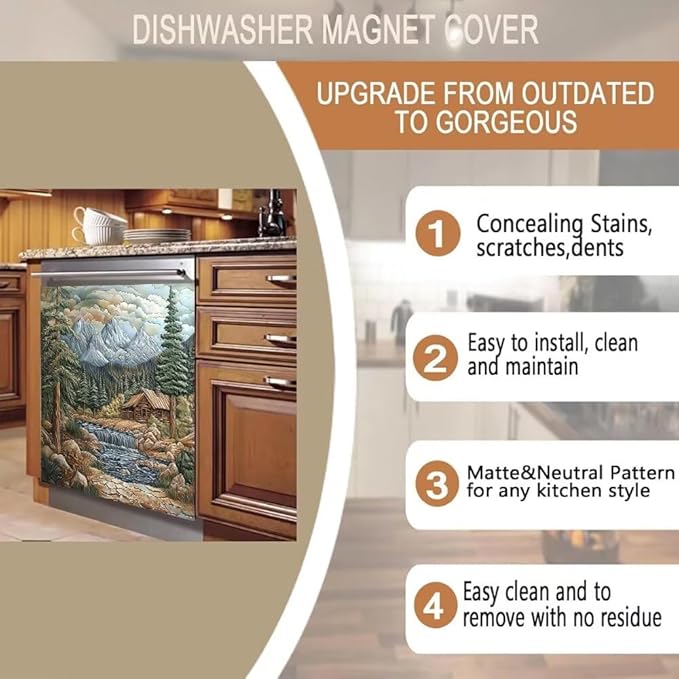 Mountain Cabin Landscape Kitchen Decor Dishwasher Magnet Cover Decal, Rustic Nature Scene with River and Pine Trees Magnetic Dish Washer Panel Vinyl Sticker, Refrigerator Magnets,23 x 26 inch