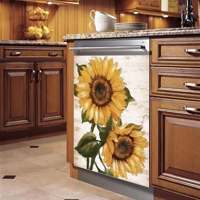 Retro Sunflower Kitchen Sticker Decor Dishwasher Cover Magnet, You are My Sunshine Dish Washer Door Panel Decal Magnetic, Refrigerator Magnet Decal Decor, Magnetic 23"x26"INCH