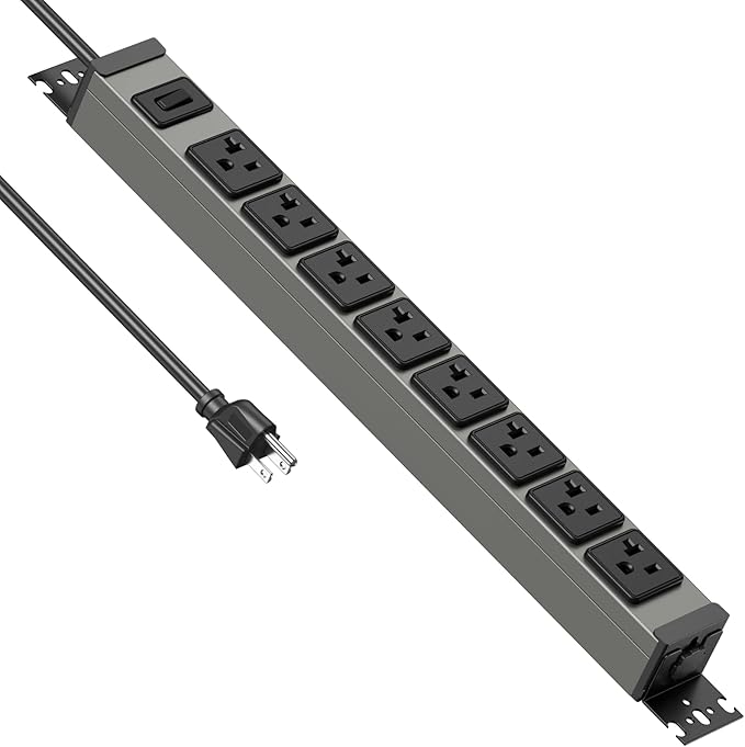 JUNNUJ Heavy Duty Power Strip Wall Mount, 20 Amp Surge Protector 1200J Metal 8 Outlet Under Desk Mounted 20A, Garage Power Table Socket Industrial Outlets 6-20R T-Slot, 6FT 12AWG Extension Cord