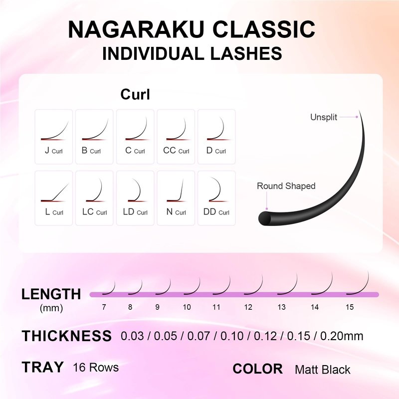 NAGARAKU Eyelash Extensions Classic J B C D N LC LD L DD CC LB Curl 0.03-0.20 Thickness 5-17mm, Matte Black Individual Lashes Professional Supplies for Lash Techs (0.07-C 7-15mm Mix 5 Trays)