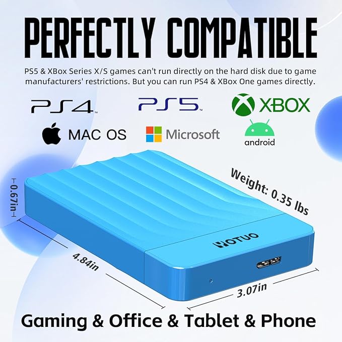 YOTUO 1TB External Hard Drive, Portable Storage Expansion HDD, USB 3.0 & USB-C for PC, Mac, Desktop, Laptop, Smartphone, PS4, Xbox One, Xbox 360, Office & Game, Blue