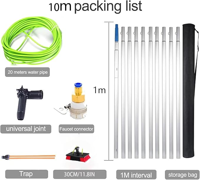 10m/33ft Window Cleaning Pole Water Fed Telescopic Extended Extension Conservatory Hose Fed Brush Kit(30cm Brush 10m Pole)