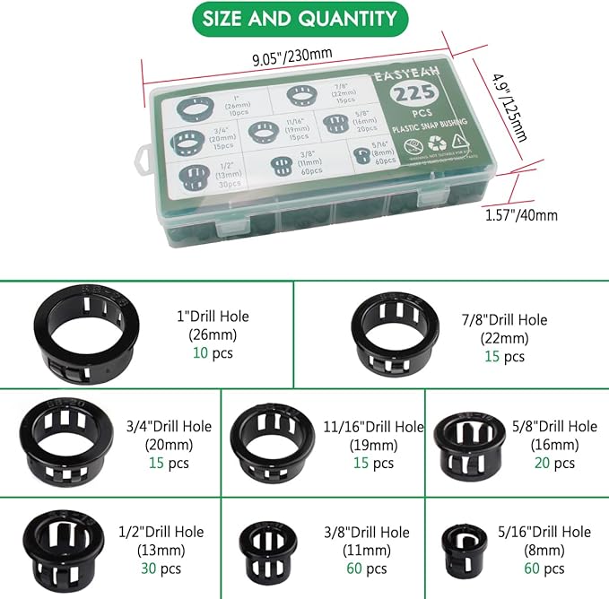 EASYEAH 225 Pcs 8 Sizes Cable Snap-in Knockout Insulating Bushing Grommets Assortment Kit, 5/16, 3/8, 1/2, 5/8, 11/16, 3/4, 7/8, 1 Black Nylon Plastic Hole Grommets for Wiring, Cord Hose & Tubing