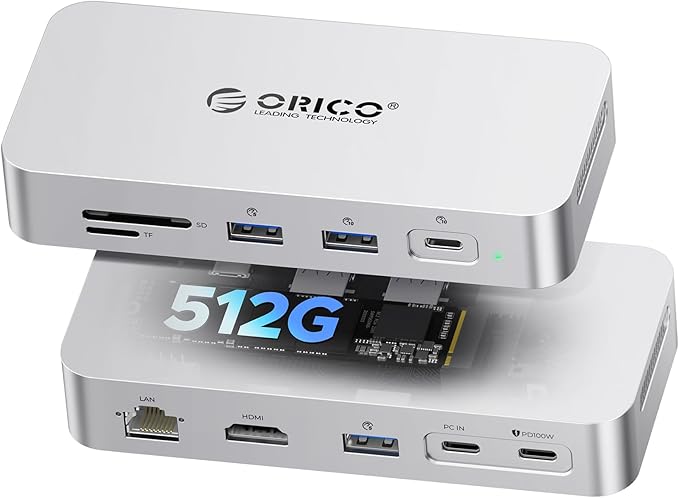 ORICO 512 GB External SSD Docking Station, SSD Expansion + Hub Extension, Up to1000MB/s, 10-in-1 USB C HUB with Internal SSD, Support 4K@60Hz HDMI Display, 100W PD, Ethernet, SD/TF, Mac mini - SJ10