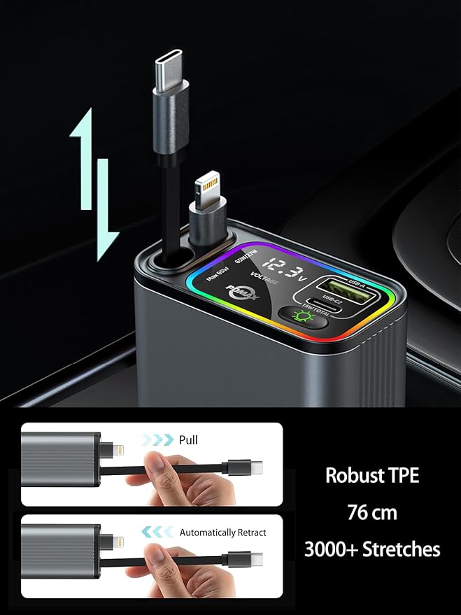 PDMAX Retractable Car Charger USB C,145W Type C Car Charger Fast Charging with Dual Retractable USB C Cable and USB Ports for iPhone 17/16/15,S25/24/23/22, Pixel 9/8/7（Build-in Dual Type C Cable）