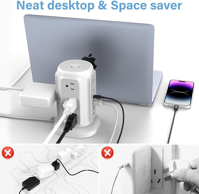 AiJoy Flat Plug Power Strip Tower 9 Outlets and 5 USB Ports (2 USB-C), 1200J Surge Protection, 6.5ft 1625W Extension Cord Charging Station for Home, Office Supplies, Dorm Essentials