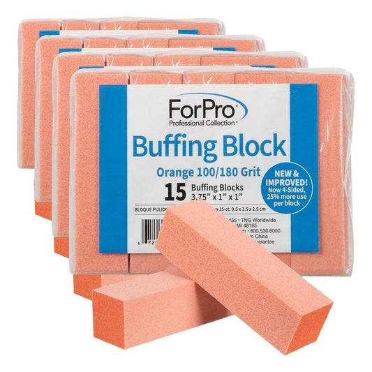 ForPro Buffing Block, Orange, 100/180 Grit, Three-Sided Manicure and Pedicure Nail Buffer, 3.75” L x 1” W x 1” H, 15-Count (Pack of 4)