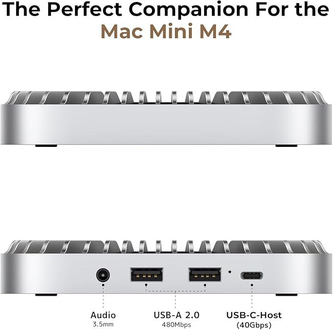 40Gbps Aluminum Hub & Stand for New M4/M4 Pro Mac mini (2024) with 40Gbps NVMe/M.2 SSD Enclosure, 2X USB-A, USB-C Host, 3.5mm Audio – Compatible with All New Mac mini M4/M4 Pro