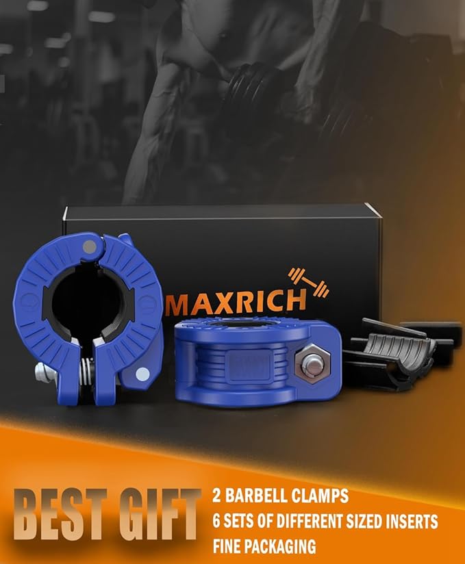 MAXRICH Barbell Clamp & Quick Release Barbell Clips - Adjustable Weight Clips for 0.9-1.18 inch Bars (Blue)