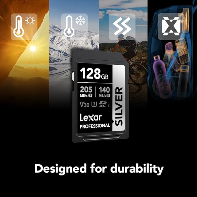 Lexar 128GB Professional Silver SD Card, UHS-I, C10, U3, V30, 4K, Up to 225/160 MB/s SDXC Memory Card, for Professional Photographer, Videographer, Enthusiast (LSDSILV128G-BNNNU)