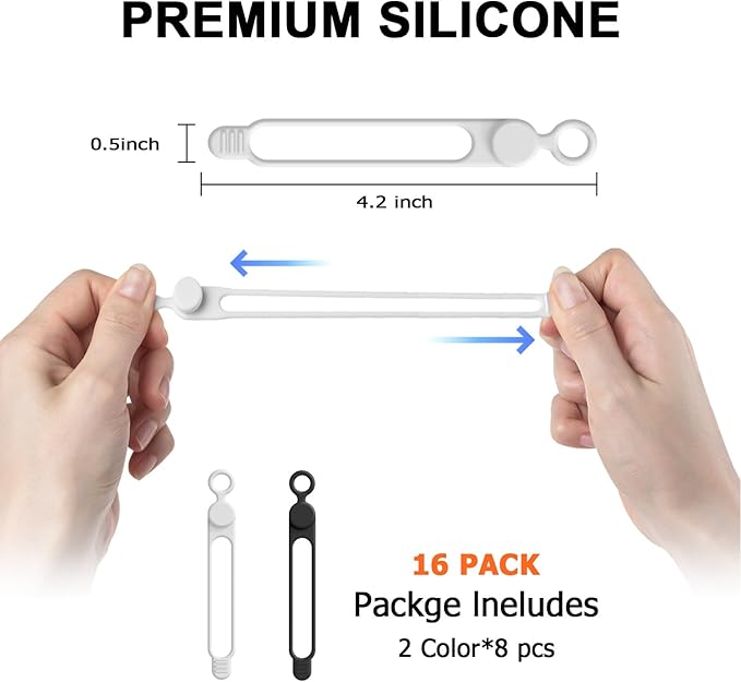 Nearockle 16Pcs 4.2" Silicone Cable Ties Cord Organizer for Cable Management, Reusable Cable Organizer Electronic Accessories in Home,Office,Kitchen,School,Travel (Black & White)
